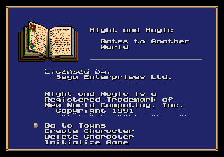 Might and Magic Gates to Another World title screen for Sega Genesis